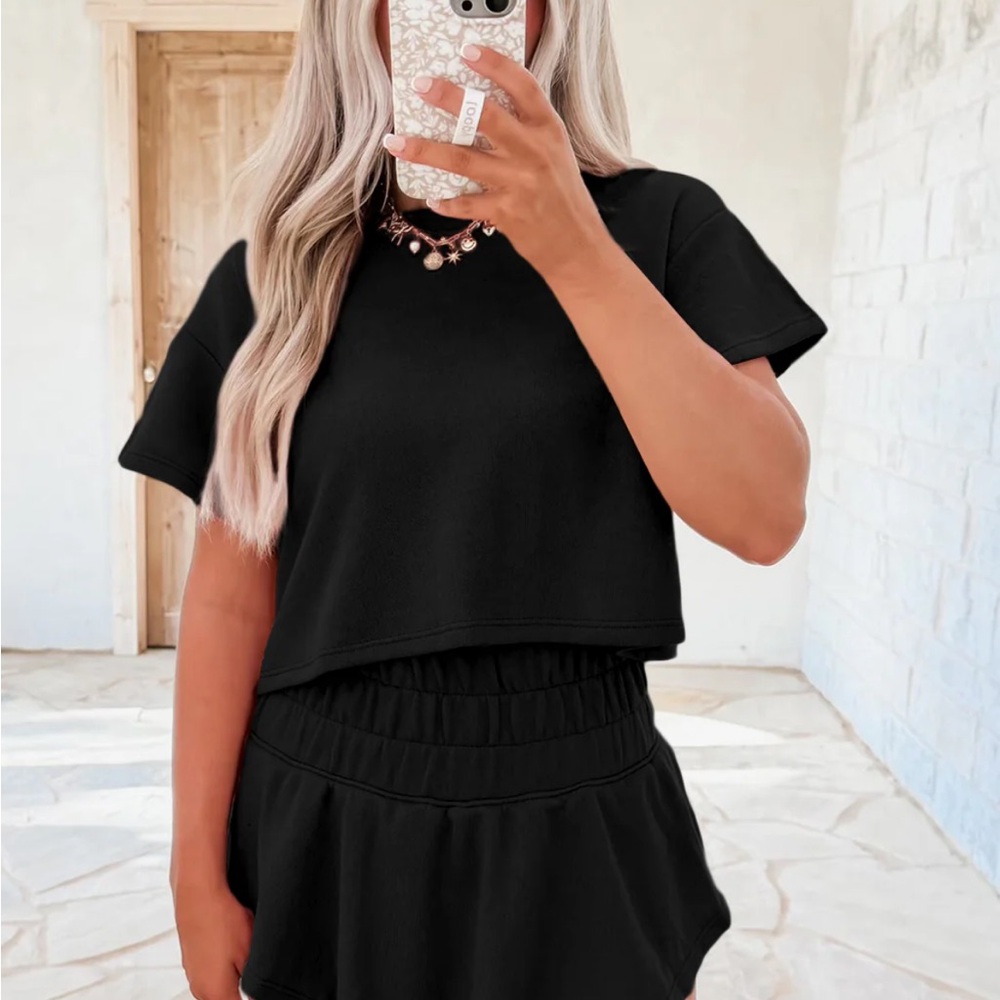 Black Two-Piece Short Sleeve Cropped Top and High Waisted Skort Matching Set - Picture 3 of 6